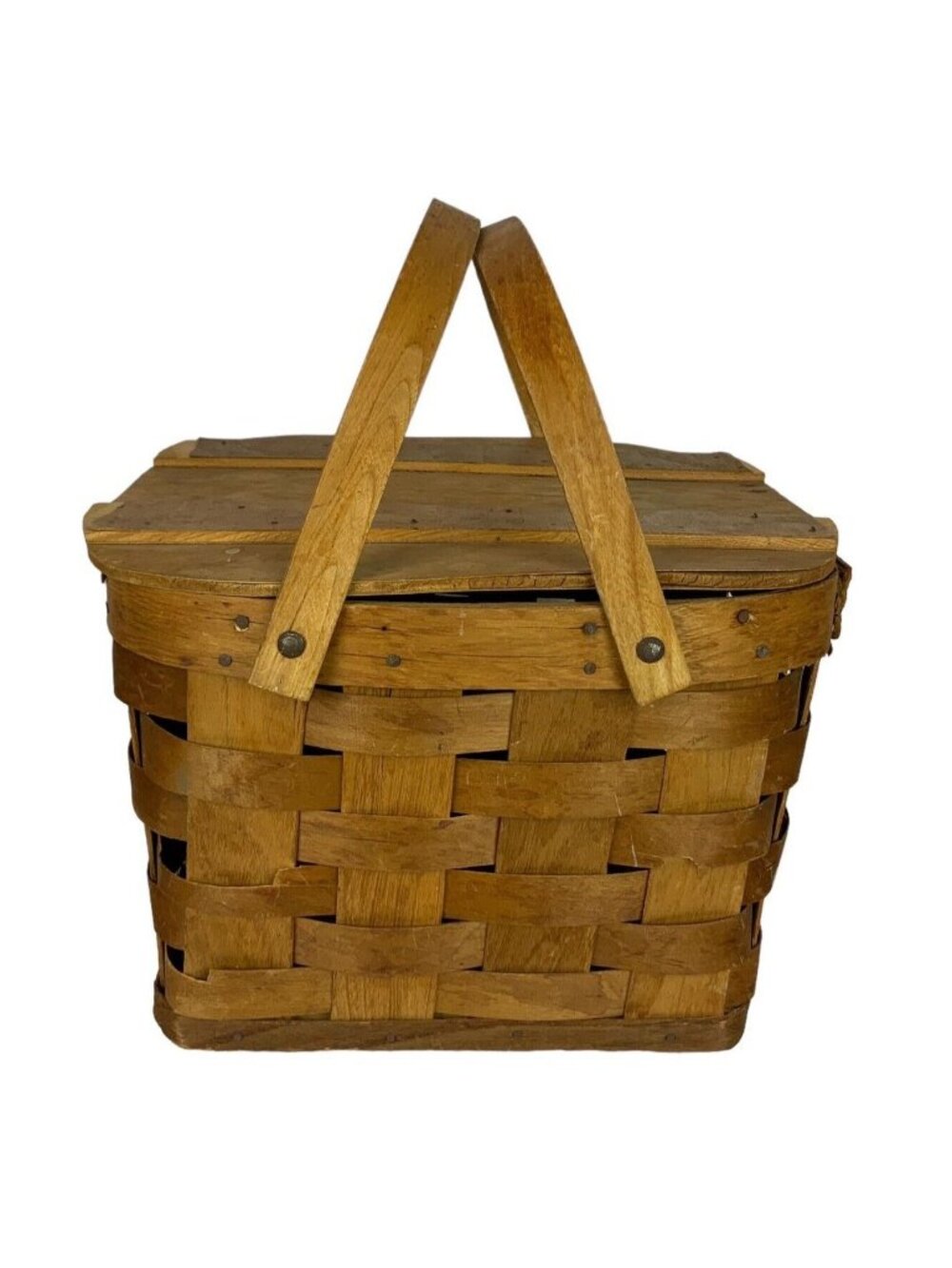 Vintage Woven Wooden Picnic Basket Farmhouse Style Hinged Lid Handles